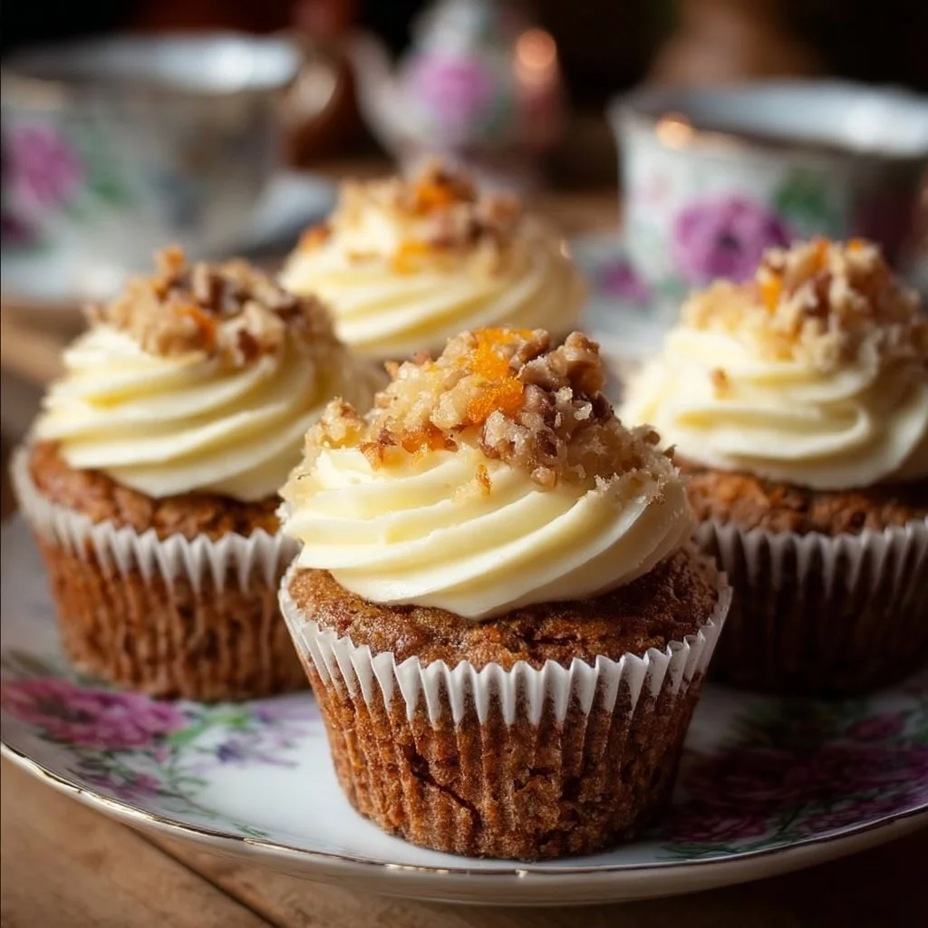 Carrot Cake Cupcakes 3 Delicious carrot cake cupcakes with cream cheese frosting on a wooden table