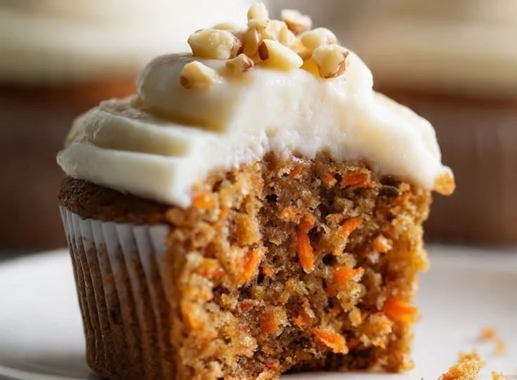 Delicious carrot cake cupcakes with cream cheese frosting on a rustic backdrop