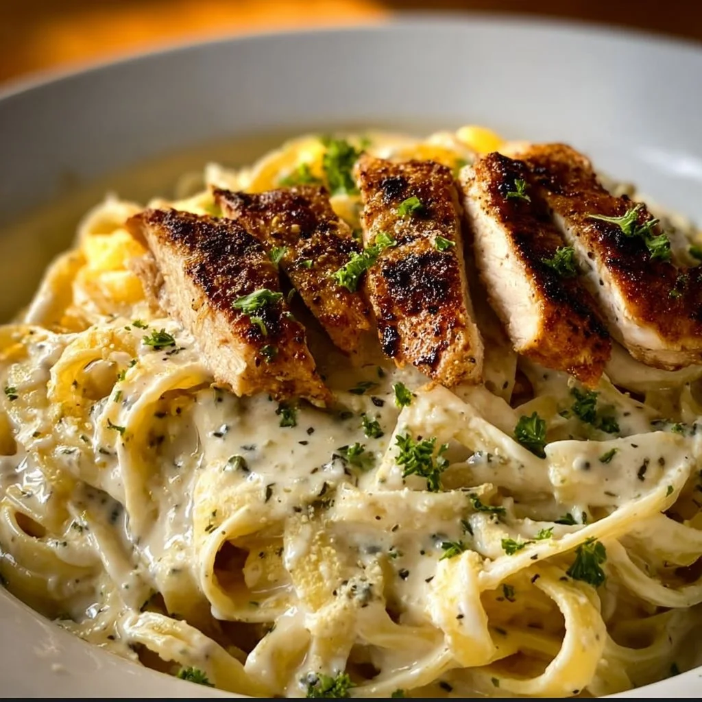 Creamy Chicken Alfredo Pasta served in a bowl garnished with parsley