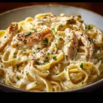 Delicious Chicken Alfredo Pasta topped with parsley and grated cheese