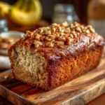 Delicious slice of classic banana bread topped with walnuts and banana slices.