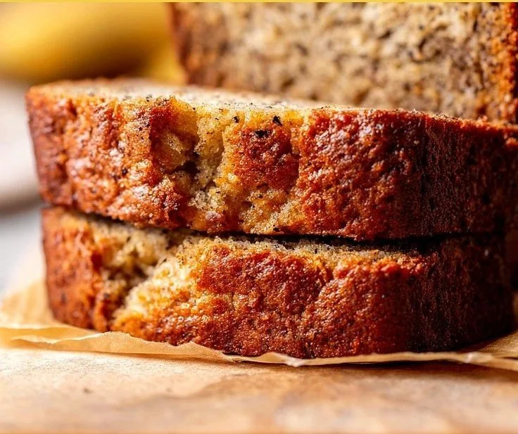 Loaf of classic banana bread on a wooden table, sliced and served.