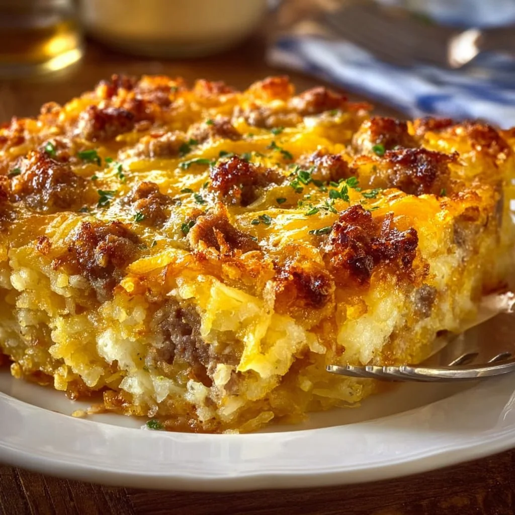 Classic Breakfast Hashbrown Casserole 3 Delicious Classic Breakfast Hashbrown Casserole served in a baking dish