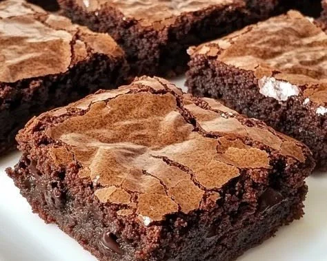 Delicious classic brownies warm out of the oven, topped with melted chocolate.