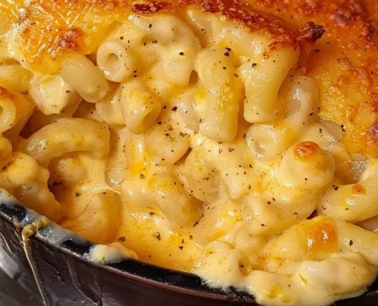 Bowl of classic creamy mac and cheese garnished with herbs
