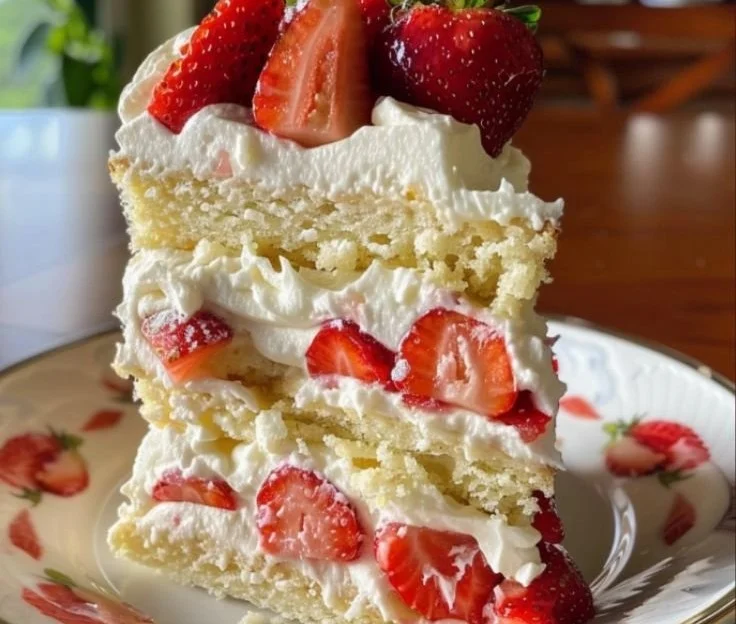 Delicious classic strawberry shortcake topped with fresh strawberries and whipped cream.