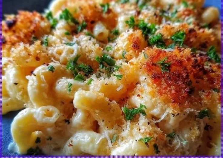 Bowl of creamy classic mac and cheese topped with breadcrumbs and cheese.