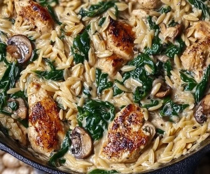 Creamy chicken orzo dish garnished with spinach and herbs