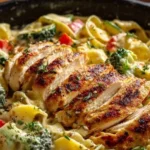 Creamy chicken pasta primavera with fresh vegetables and herbs