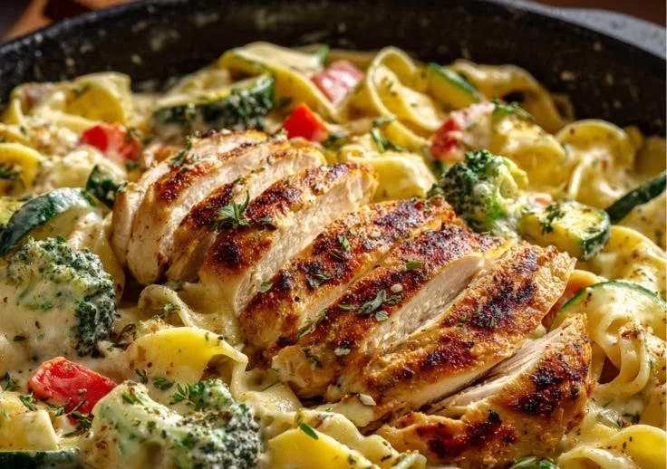 Creamy chicken pasta primavera with fresh vegetables and herbs