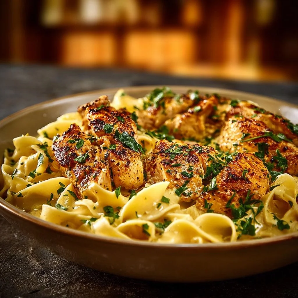 Creamy lemon chicken orzo served in a bowl garnished with fresh herbs.