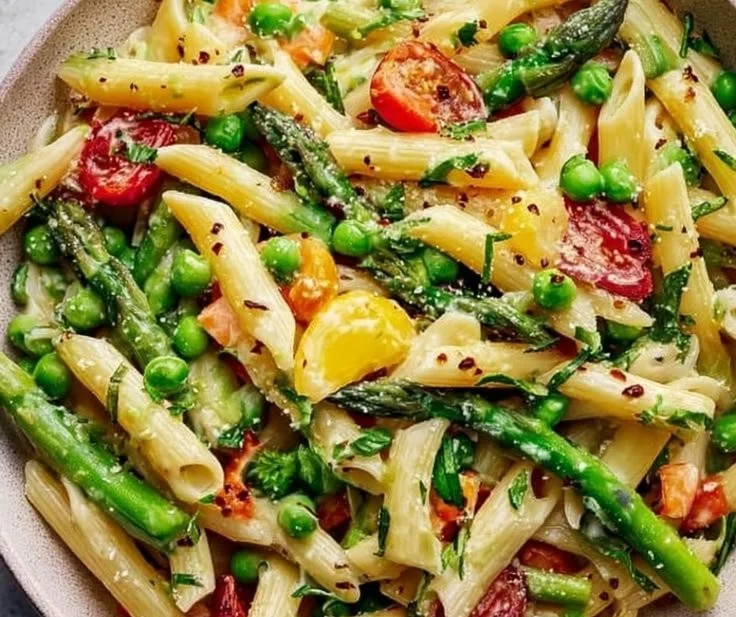 Creamy Pasta Primavera with fresh vegetables in a flavorful sauce