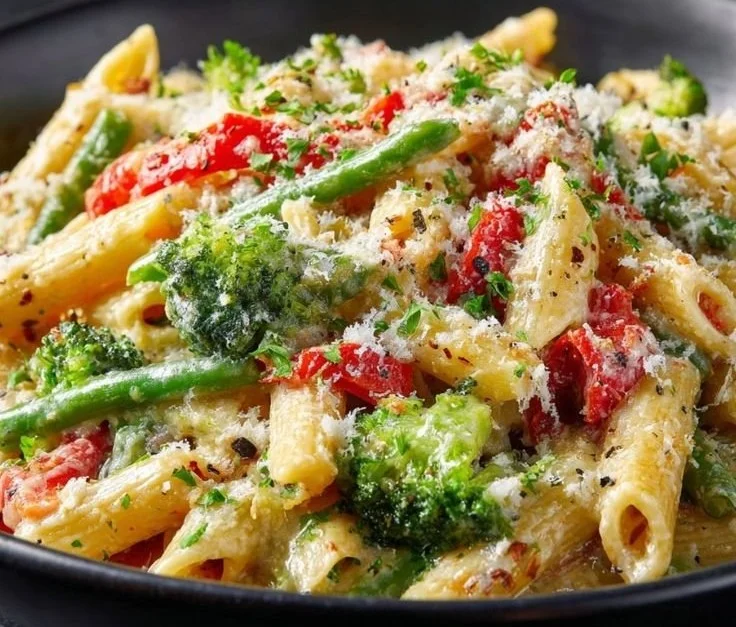 Creamy Pasta Primavera with fresh vegetables and herbs