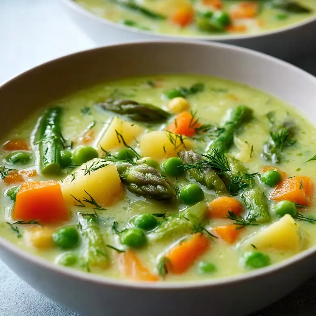 Creamy spring vegetable soup with colorful fresh vegetables in a bowl.