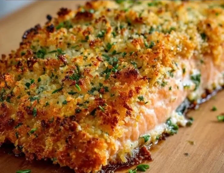Crispy Parmesan Crusted Baked Salmon served on a plate with garnish.