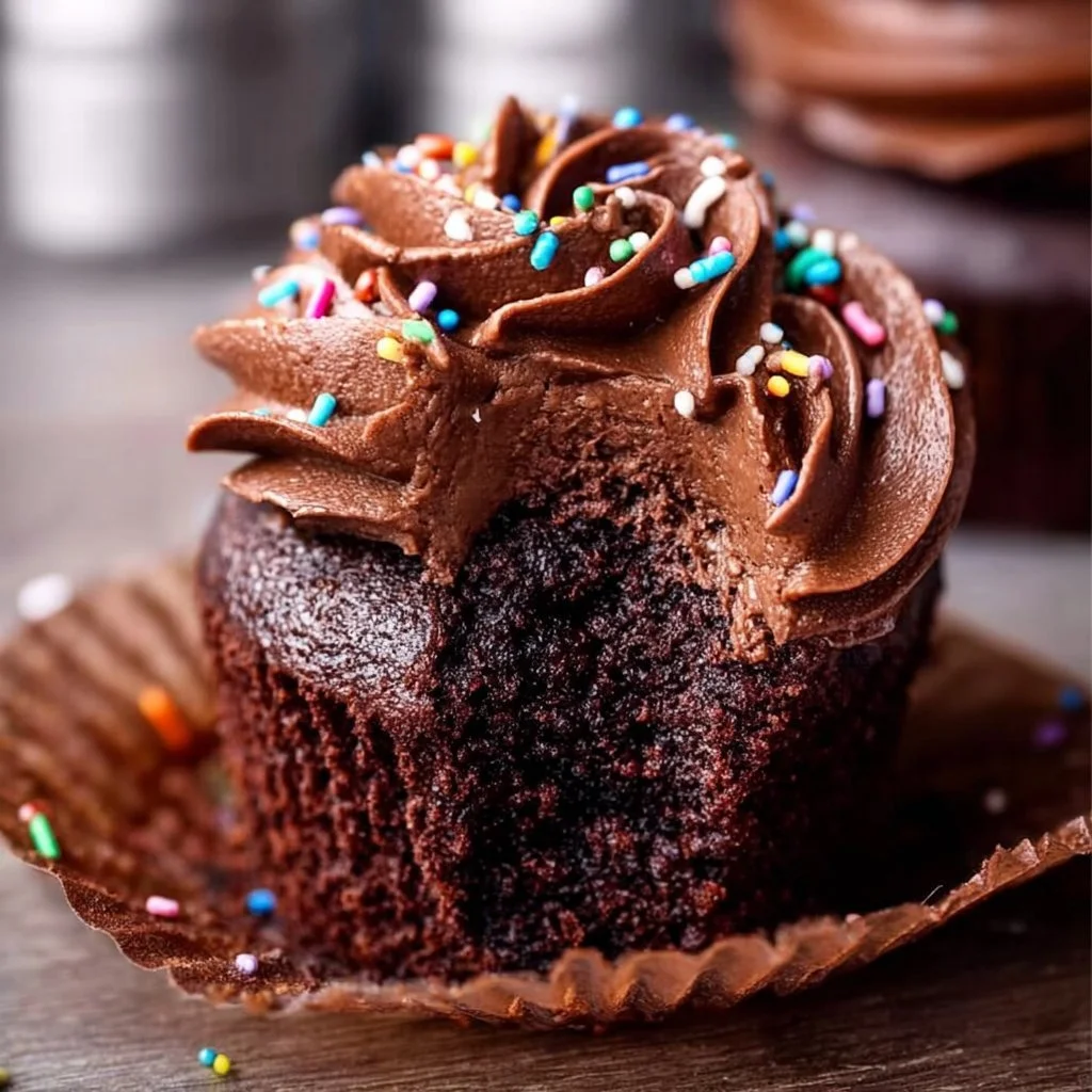 Delicious double chocolate cupcakes topped with frosting and chocolate shavings