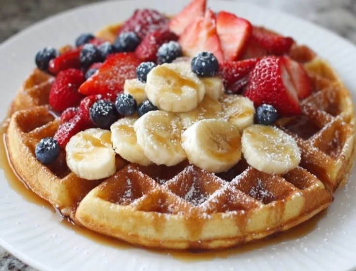 Easy Belgian Waffles 3 Delicious easy Belgian waffles served with syrup and berries.