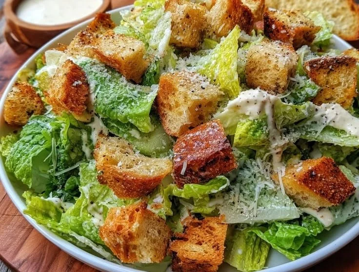 Easy Caesar Salad 3 A vibrant and fresh Easy Caesar Salad on a wooden table.