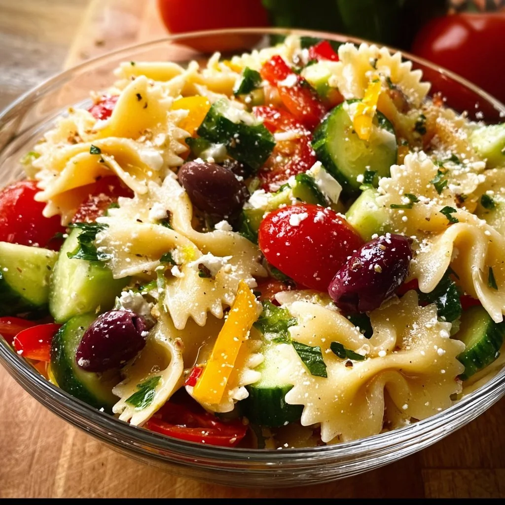 Easy Greek Pasta Salad with fresh vegetables and feta cheese