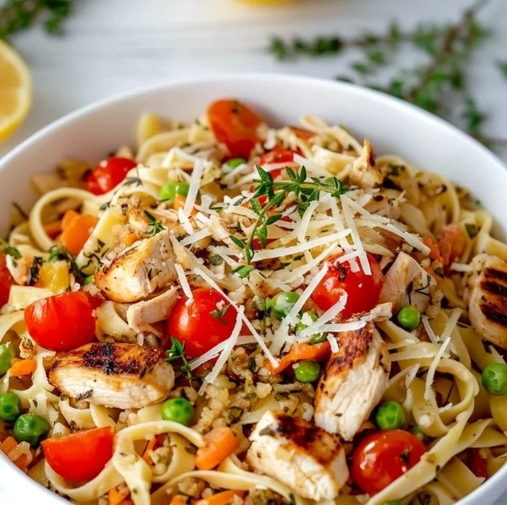 Fresh chicken pasta primavera with colorful vegetables