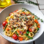 Fresh Chicken Pasta Primavera with colorful vegetables and herbs
