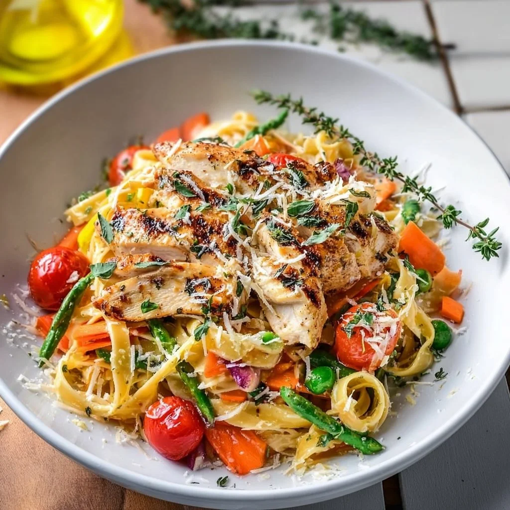Fresh Chicken Pasta Primavera 3 Fresh Chicken Pasta Primavera with colorful vegetables and herbs