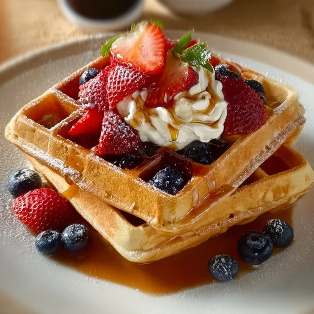 Golden Buttermilk Waffles 2 Golden buttermilk waffles served with syrup and berries