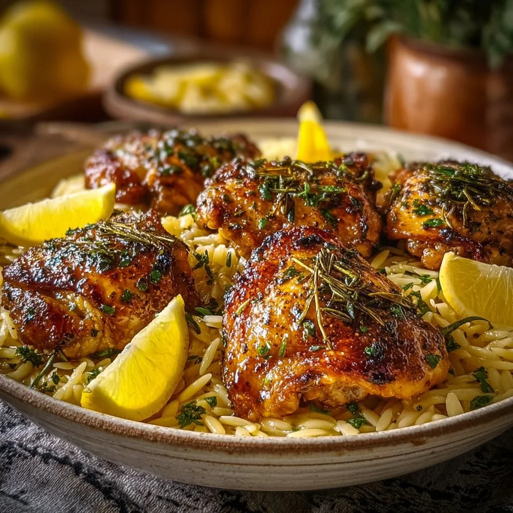 Plate of Greek Lemon Chicken served with Orzo pasta and fresh herbs