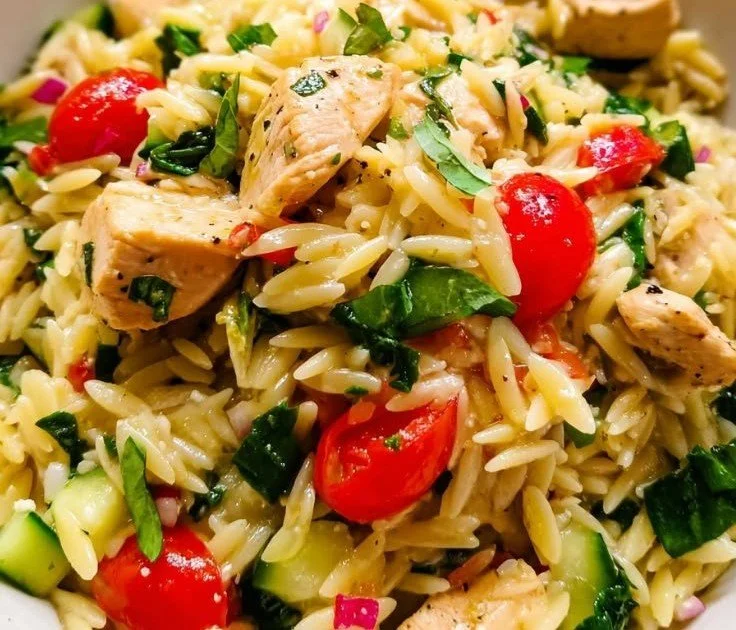 Plate of Greek Lemon Chicken served with orzo pasta and fresh herbs