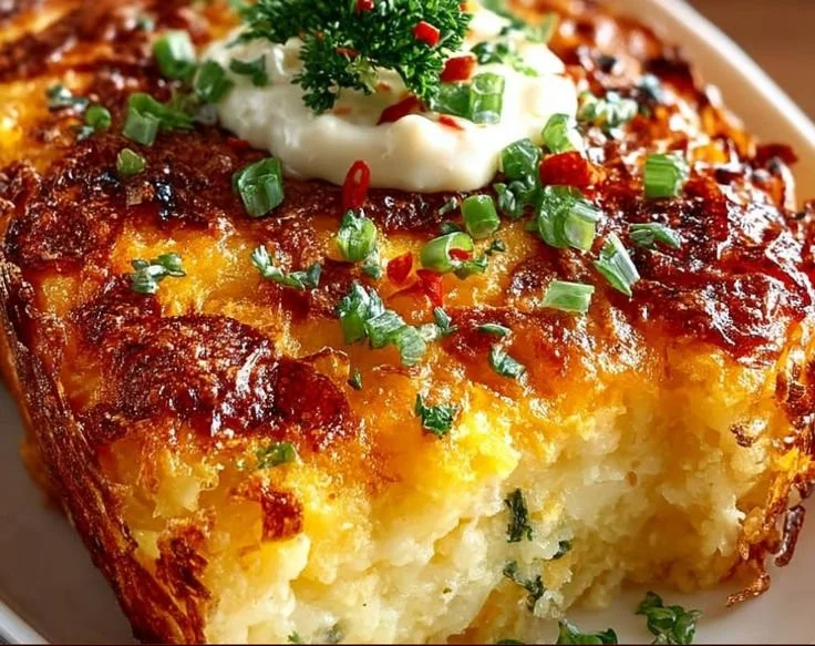Delicious hashbrown breakfast casserole served hot in a baking dish.
