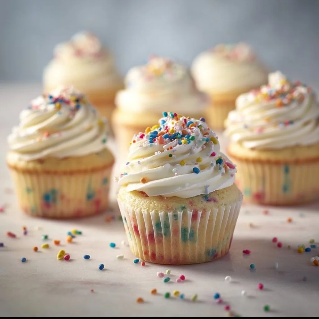 Homemade Funfetti Cupcakes topped with colorful sprinkles