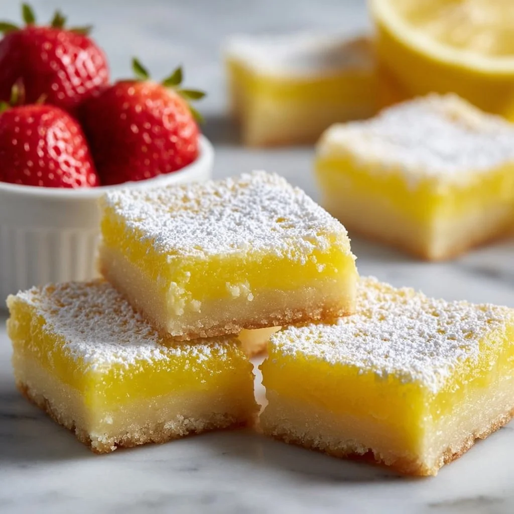 Delicious homemade lemon bars topped with powdered sugar