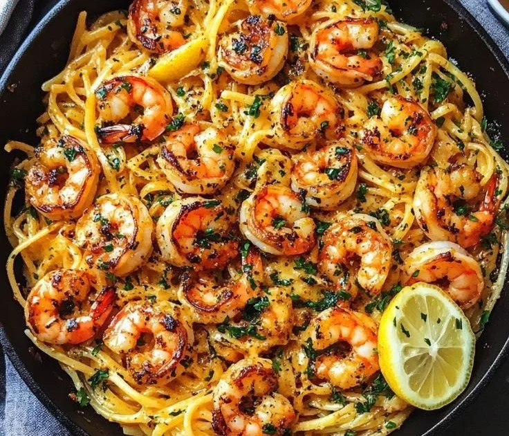 Plate of Lemon Garlic Butter Shrimp Pasta garnished with parsley