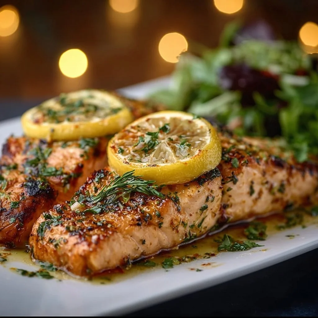 Lemon grilled salmon on a plate with herbs and lemon slices
