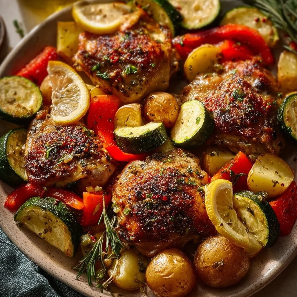 Lemon Herb Chicken served with colorful roasted vegetables