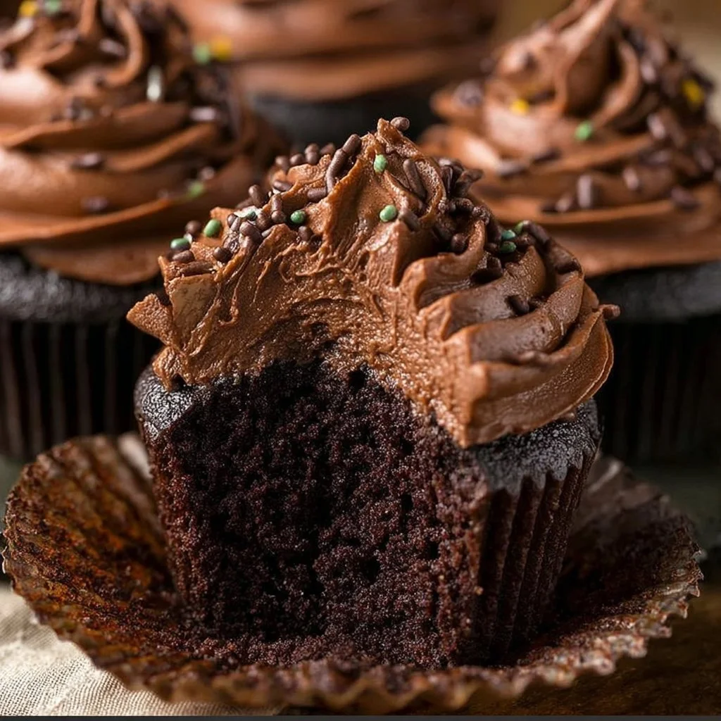 Moist chocolate cupcakes topped with creamy chocolate frosting
