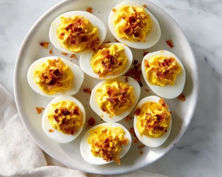 Mustard Pickled Deviled Eggs garnished with herbs in a stylish serving dish