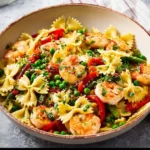 Delicious Pasta Primavera with Shrimp served with fresh vegetables.