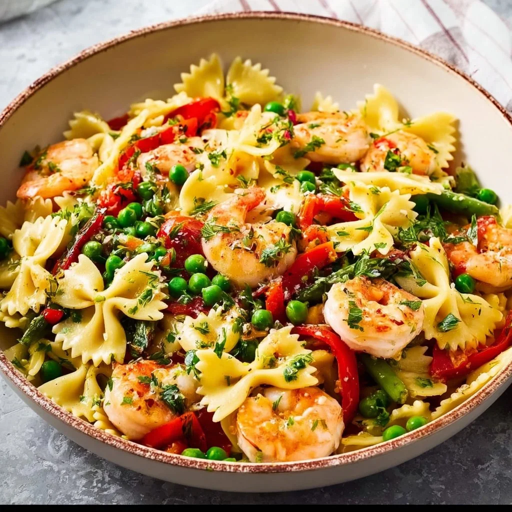 Delicious Pasta Primavera with Shrimp served with fresh vegetables.