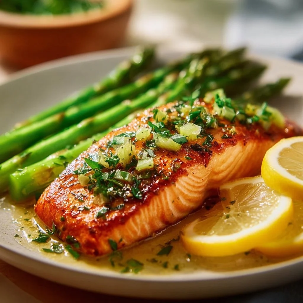 Salmon fillet with asparagus and lemon garlic butter on a plate