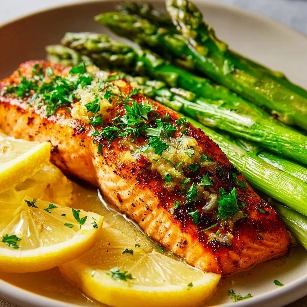 Baked Salmon with Asparagus and Lemon Garlic Butter