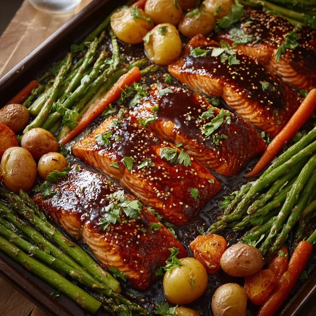 Sheet Pan Teriyaki Salmon with vegetables ready to serve