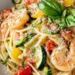 Plate of Shrimp Pasta Primavera with colorful vegetables and shrimp