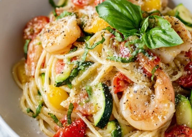 Plate of Shrimp Pasta Primavera with colorful vegetables and shrimp