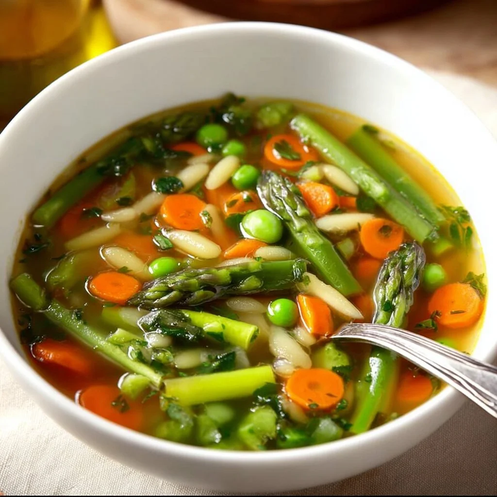 Bowl of fresh Spring Vegetable Soup with vibrant seasonal vegetables