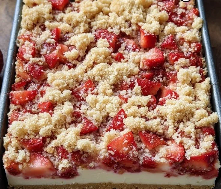 Delicious strawberry cheesecake bars topped with fresh strawberries