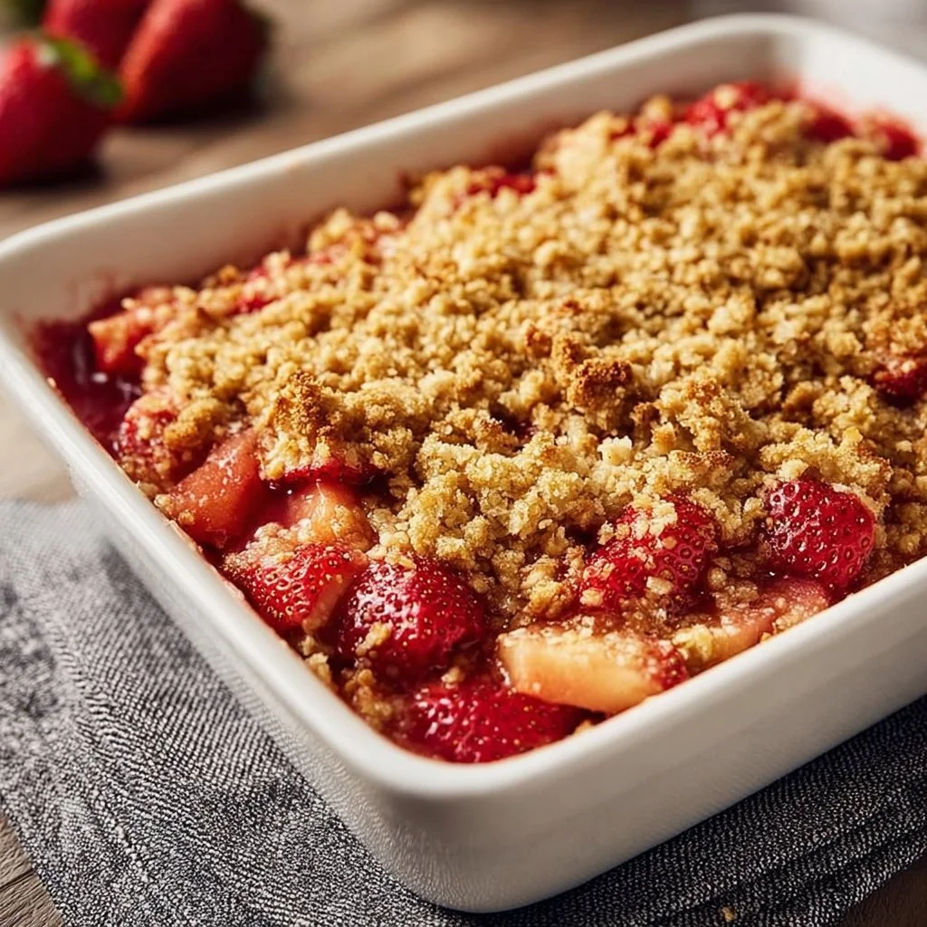 Homemade Strawberry Rhubarb Crisp served in a rustic dish with a golden topping.