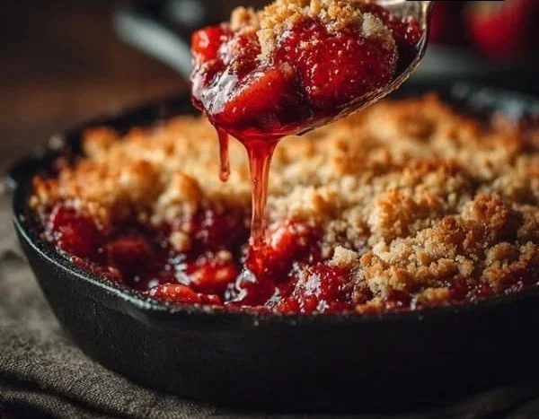 Delicious strawberry rhubarb crisp dessert served in a bowl