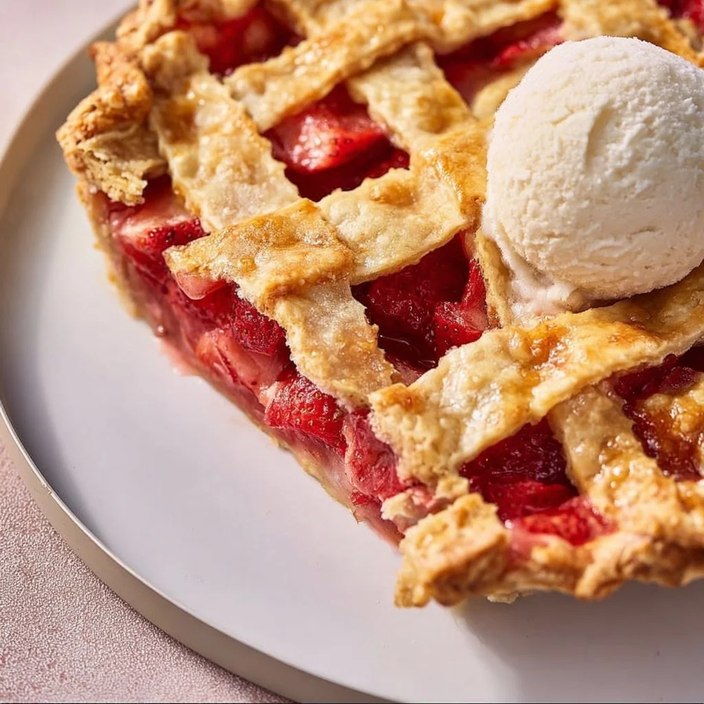Delicious homemade Strawberry Rhubarb Pie with flaky crust and vibrant filling
