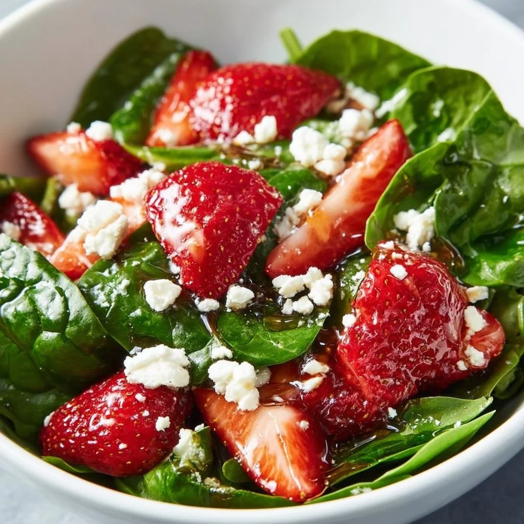 Strawberry Spinach Salad with Balsamic Glaze 3 Delicious Strawberry Spinach Salad topped with balsamic glaze.